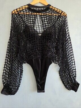 RITMO DI PERLA BLACK STRETCH CAGE VELOUR VINTAGE BODYSUIT, US S